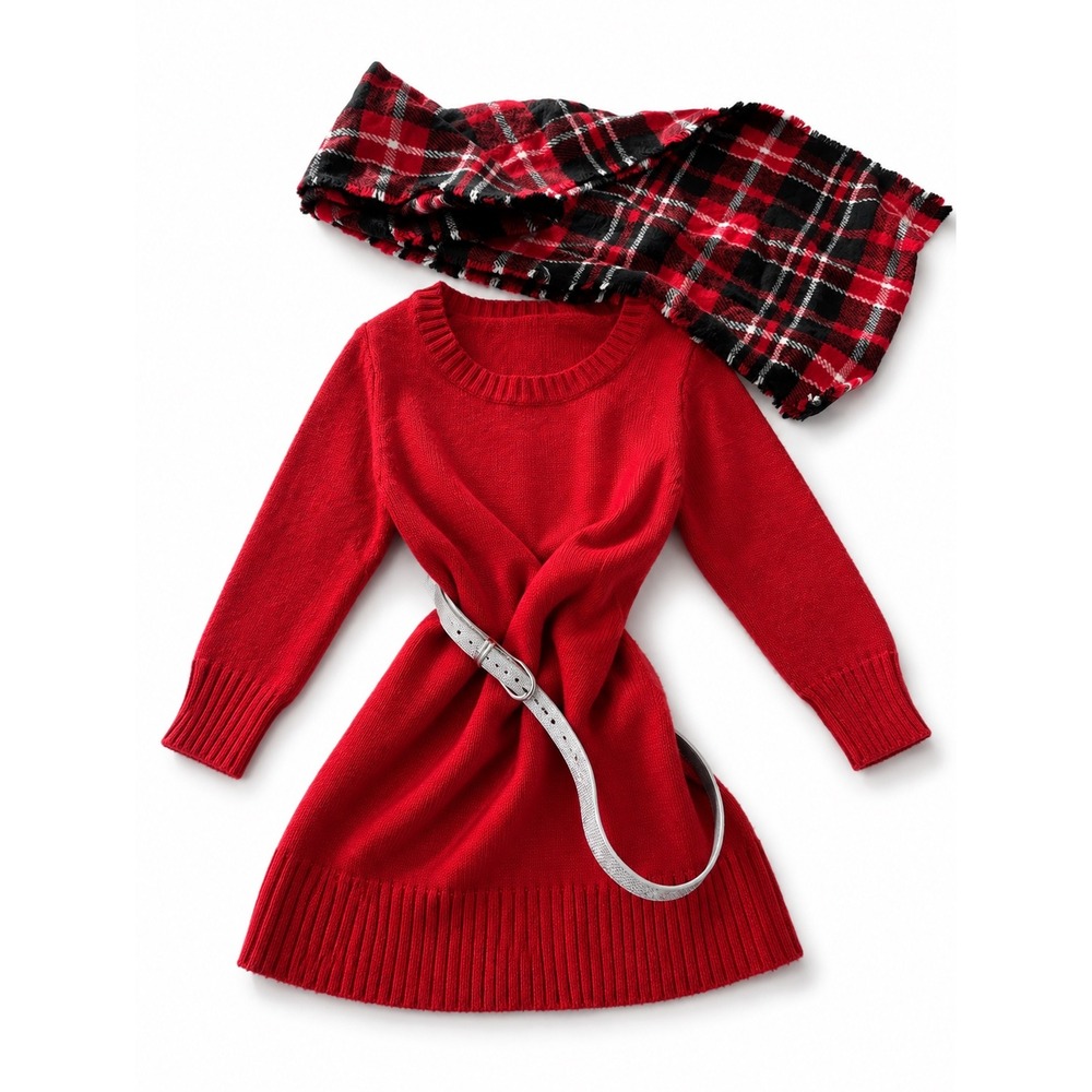 IZ Byer Girls Red Sweater Dress Set with Plaid Scarf and Belt Size S 7-8 NEW